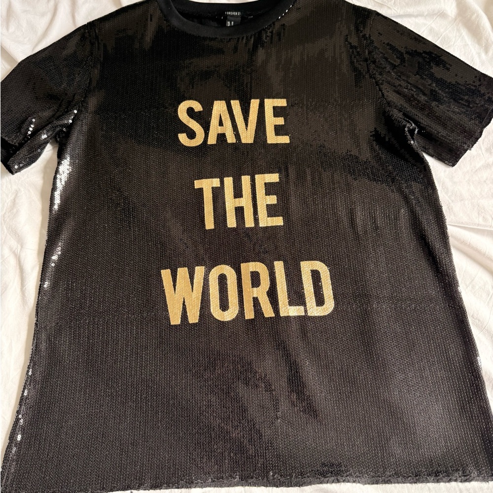 Black and Gold Sequin Save the World Shirt M EUC Forever 21
